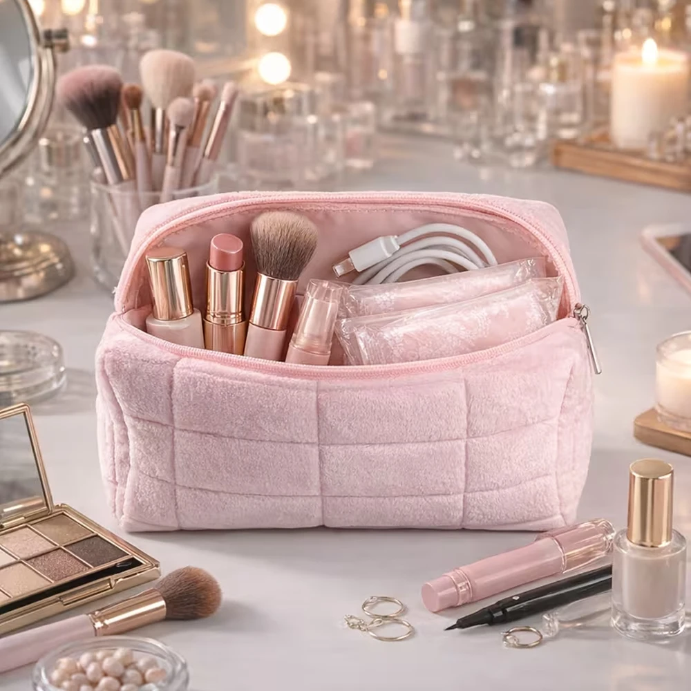 3-teiliges Set aus Plüsch-Make-up-Taschen, karierte Make-up-Tasche, große Reise-Toilettentasche mit Reißverschluss, tragbare multifunktionale Aufbewahrungstasche, niedliche Aufbewahrungstasche für Make-up-Pinsel, geeignet für Frauen, Rosa, Blau, Weiß – Detail 1