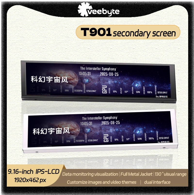 VEEBYTE T901 Screen Display 9.16-inch IPS-LCD HD High Definition Custom Theme Data Monitoring 1920*462px Dual Interface