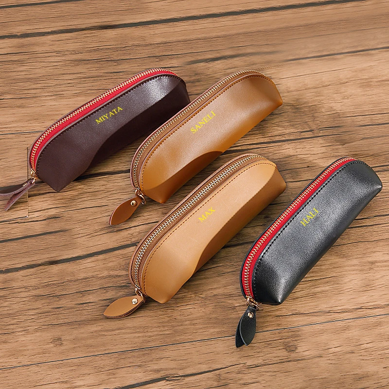 Custom Letters Student Pencil Case Engrave Name Zipper School Stationery Cow Leather Vintage Pen Bag Travel Cosmetic Bag Gift