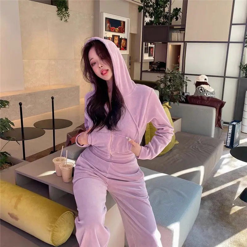 Hoodies Velvet Zipper Sweatshirt and Pants Autumn Winter Women Velour Pant Suit Hoodies Zipper Sweatsuit Women\'s Sport Suit