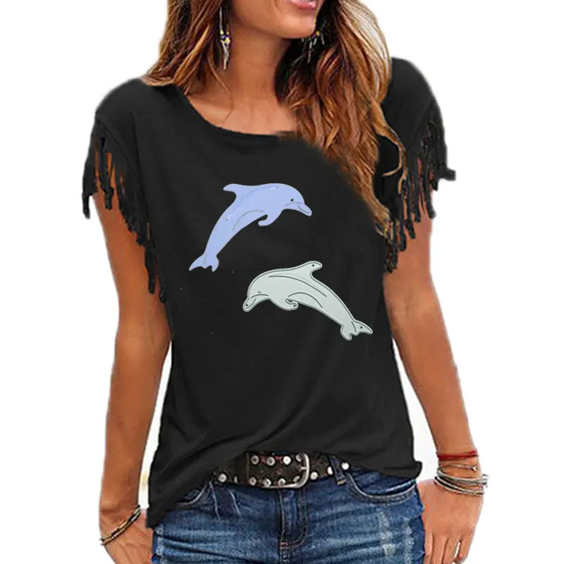 New Fashion Women Jumpping Dolphin Pattern Women Cotton Tassel Casual T-shirt Women's Tees Short Sleeve O-neck Femme t shirt