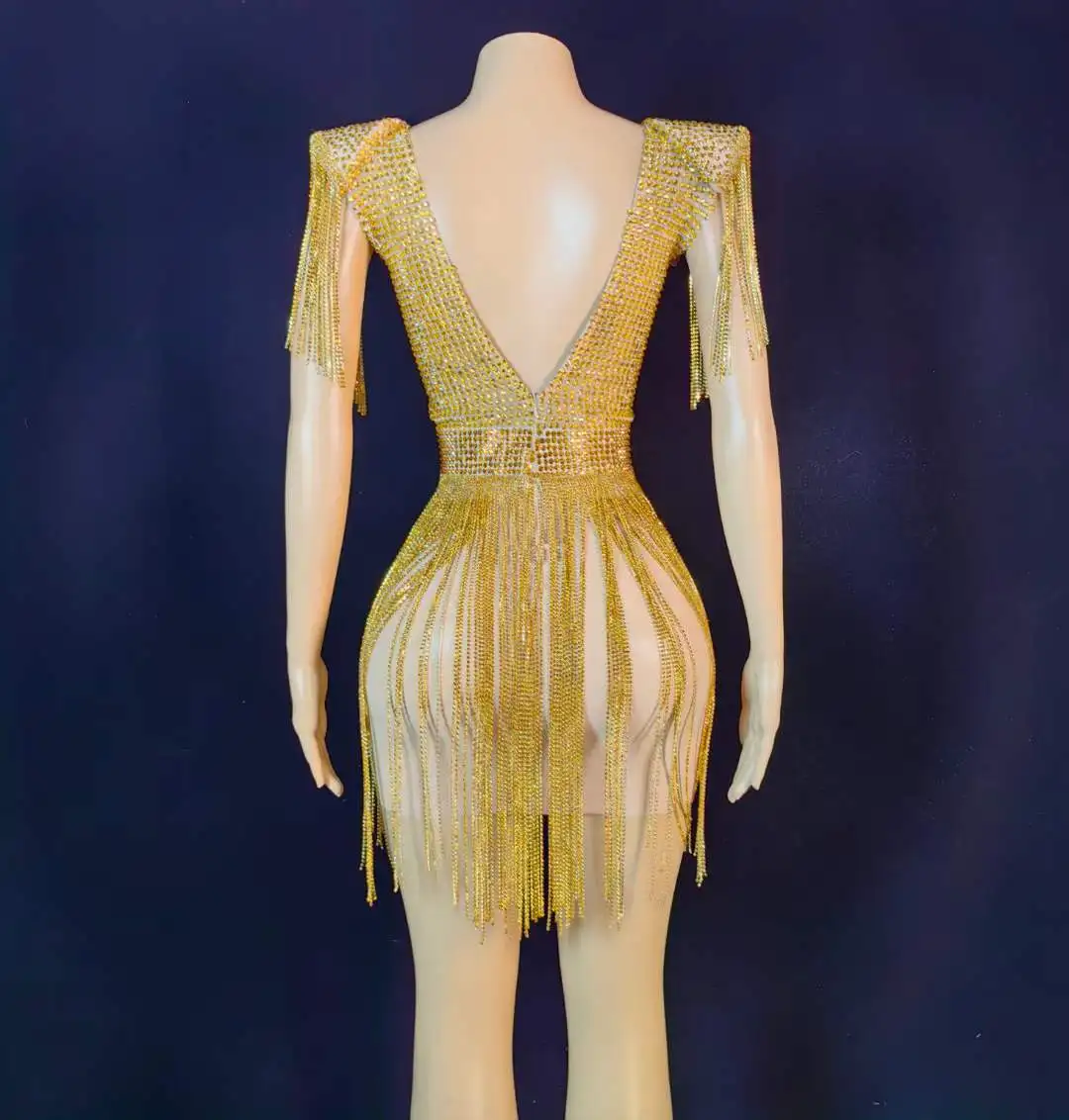 Nightout Bodycon Graduation Cloth Women Fringe Gold Sparkly Hot Drilling Process Rhinestone Club Night Birthday Celebrity Dress