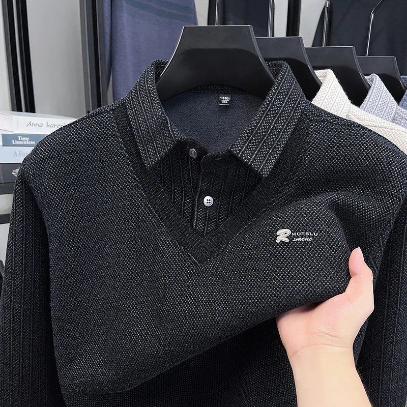 Luxury brand fashion shirt collar sweater men's new letter embossed plush thick warm business casual striped knitted pullover