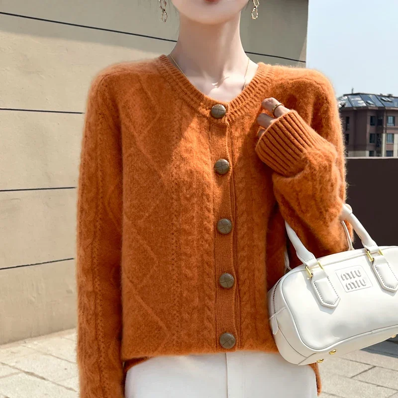 Autumn Winter New Thick Sweater For Women 100% Merino Wool Cardigan O-Neck Long Sleeve Twist Flower Warm Cashmere Knitwear Tops