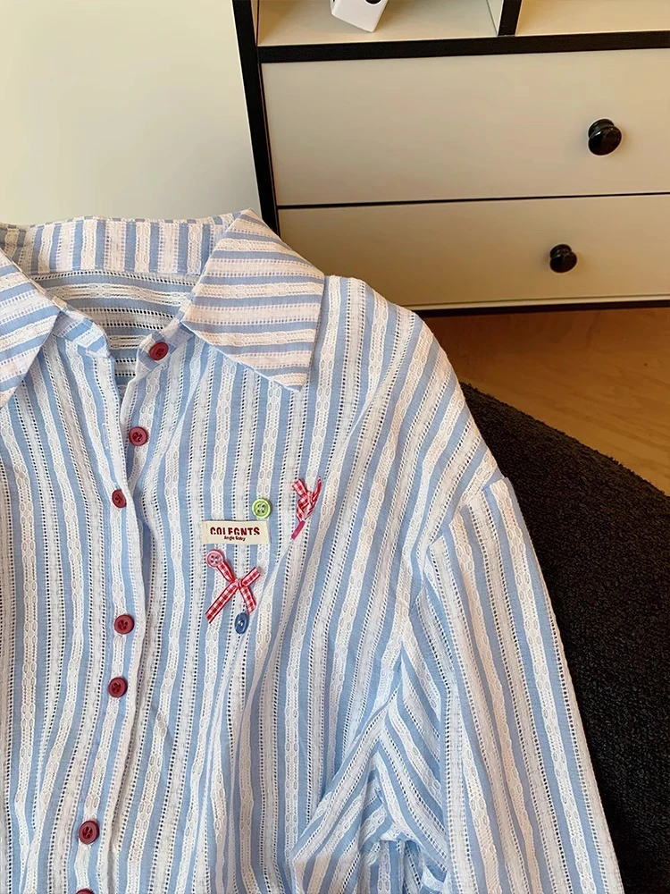 Schicker, süßer Spitzenbesatz, gestreift, lässig, Ne irt Damen, Frühling, Sommer, Design, Sensation, lockere Passform, lang, Sve, Knopfleiste