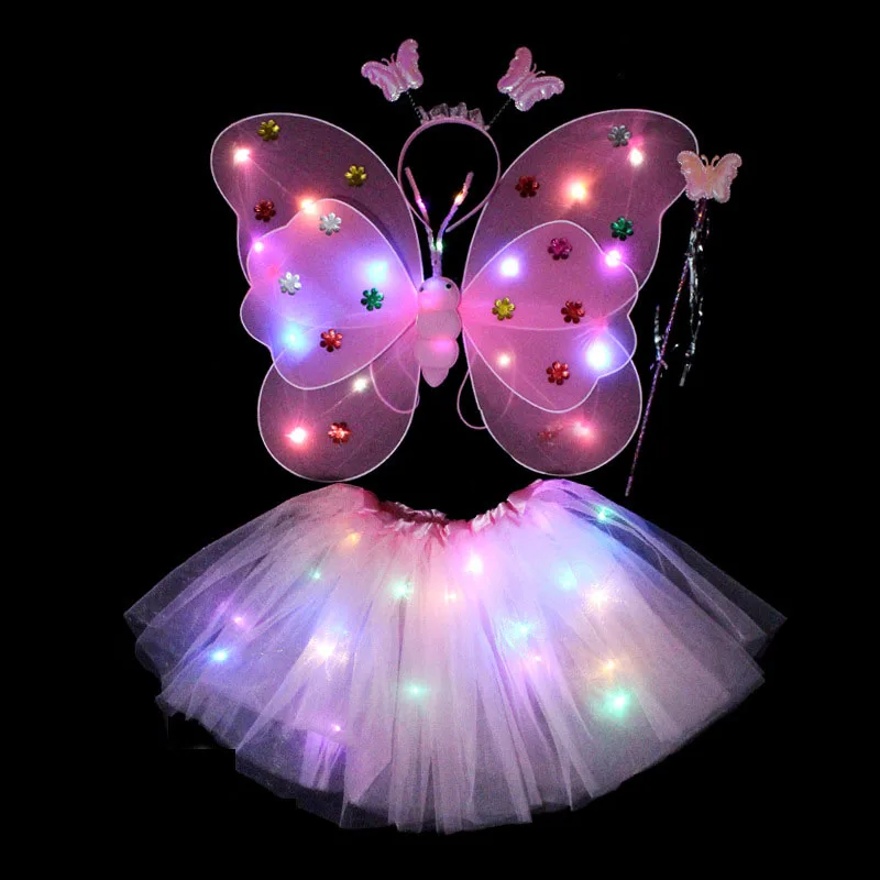 LED Children Costume Props Girls Skirts Angel Luminous Wings Flashing Butterfly Skirt Lights Suit 2-8year Easter Valentines Day