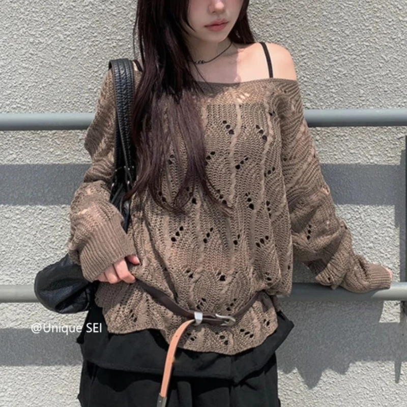 

2025 Autumn New High Street Off-shoulder Hollow See Through Loose Sexy Long-sleeved Sweater Women + Belt Two-piece Suit