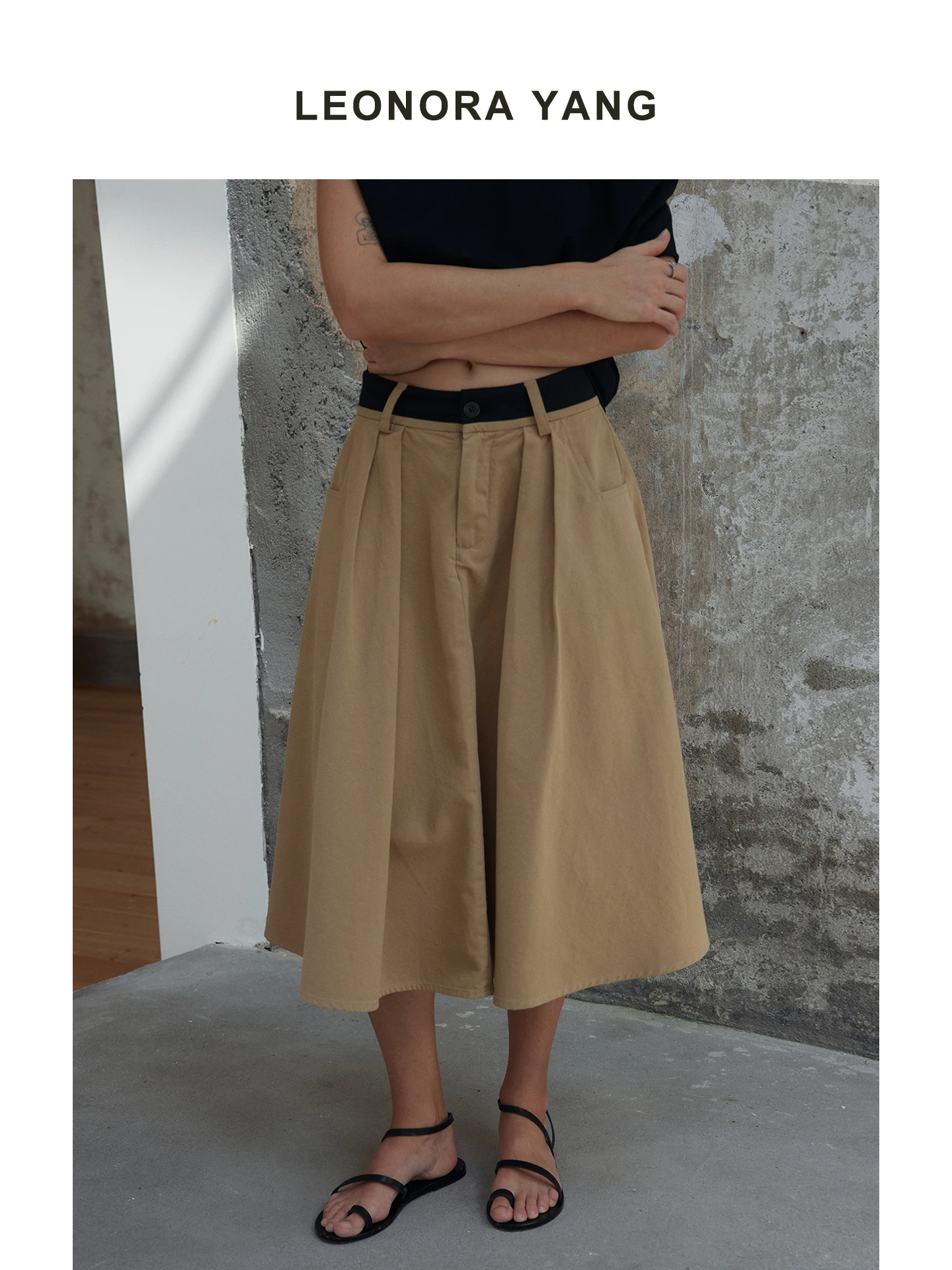 Leonorayang Retro Cotton Linen Blend Color Block Waist Suit Pleated Versatile Small Fan Shaped  Skirt for Women