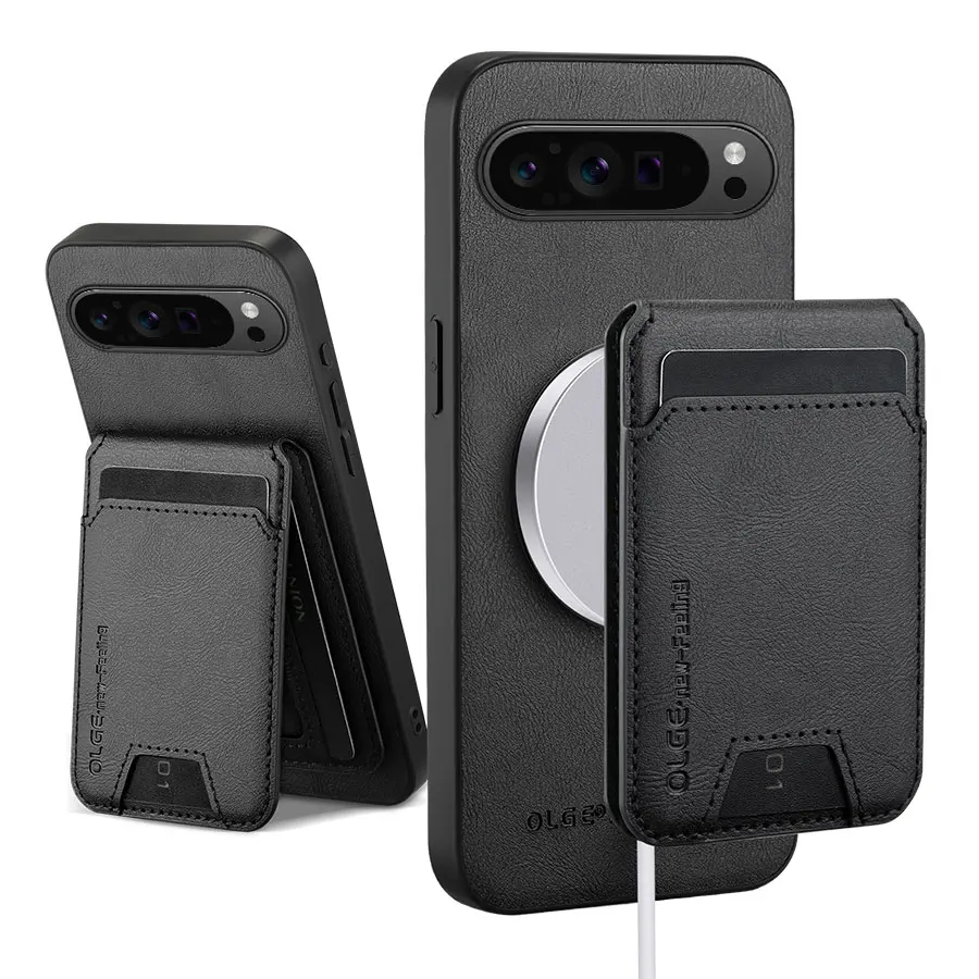 

OLGE Luxury Calfskin 2 in 1 Detachable Card Bag Leather Case for Google Pixel 10 9A 8 Pro 7A 8A 10 Pro XL Wireless Charging Case