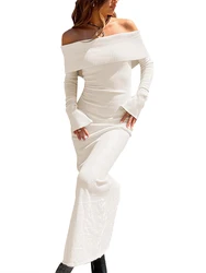 Women Spring Autumn Off-Shoulder Dress Solid Color Slit Hem Long Sleeve Ribbed Knitted Party Dress for Beach Cocktail Club