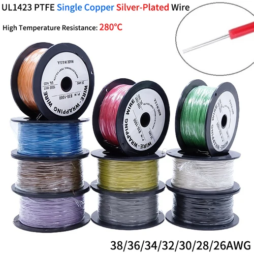 Cable de cobre Chapado en plata PTFE de 2M/20M 38/36/34/30/28/26 AWG Micro fino UL1423 Cable electrónico de un solo núcleo DIY de alta temperatura