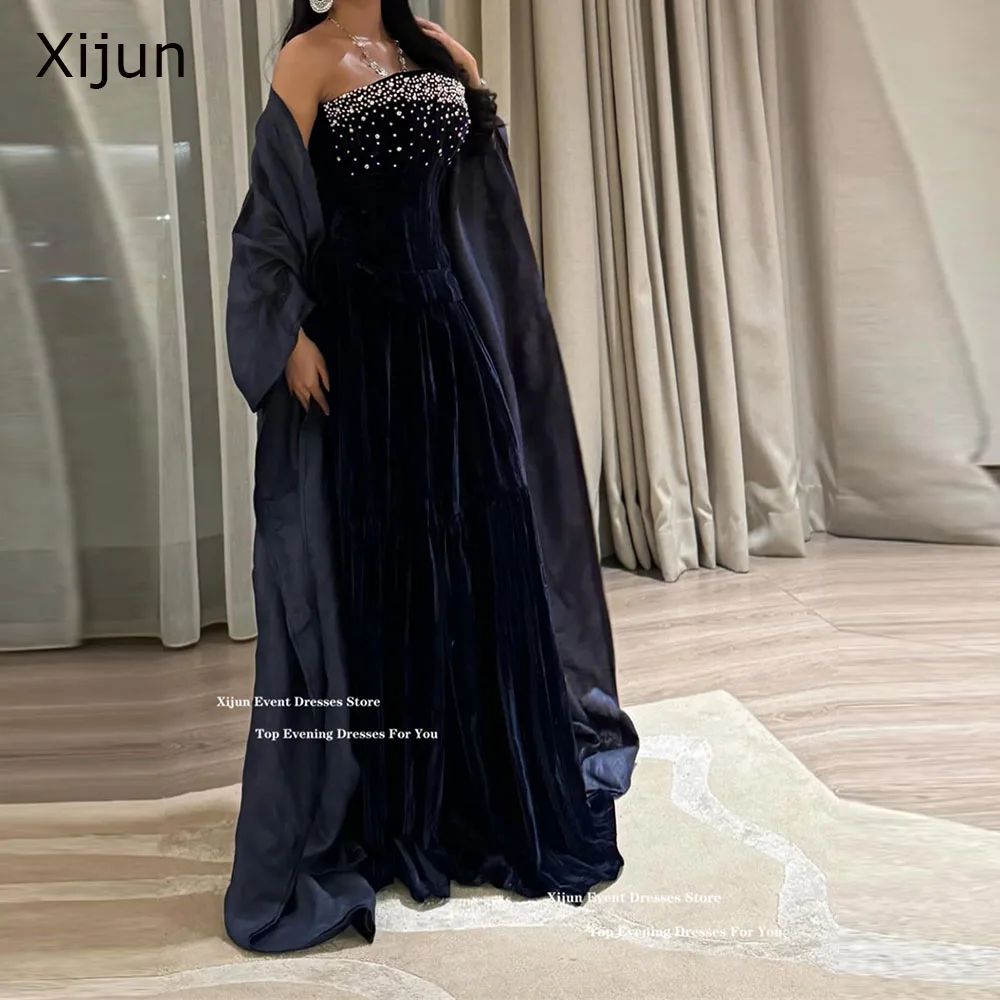 

Xijun Luxury Velvet Evening Dresses Beads Shawl A-Line Formal Prom Dresses Strapless Occasion Dubai Prom Gowns Women Customized