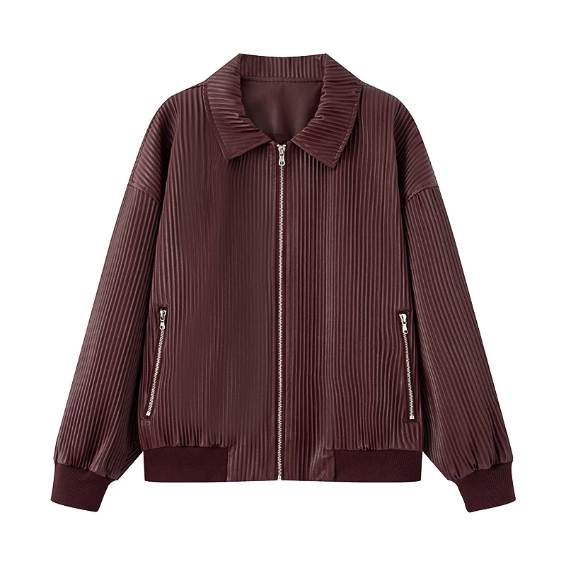 Spring 2025 Women's Fashion Long Sleeve Leather Jacket Loose Slimming Top  Collar Zipper Closure Commute Style Outerwear