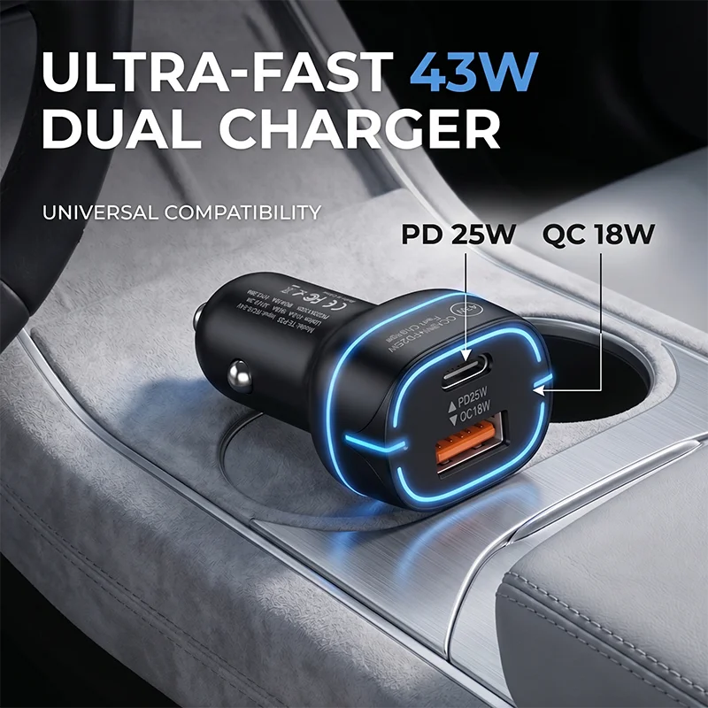 43W Car Charger USB C Dual Port Fast Charge Auto Adapter PD 25W QC 18W with LED Light Feature Fits Multiple Mobile Cell Phones