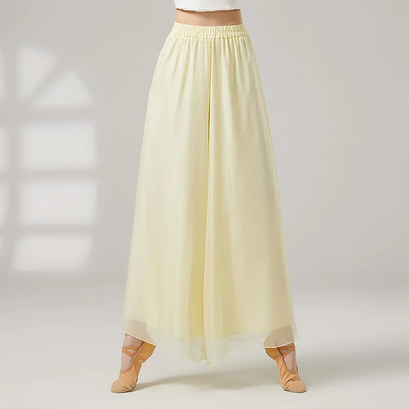 Pantaloni da danza classica Pantaloni a gamba larga da donna che scorre larghi doppi strati in chiffon Costumi di performance per pratica moderna Abbigliamento da fata