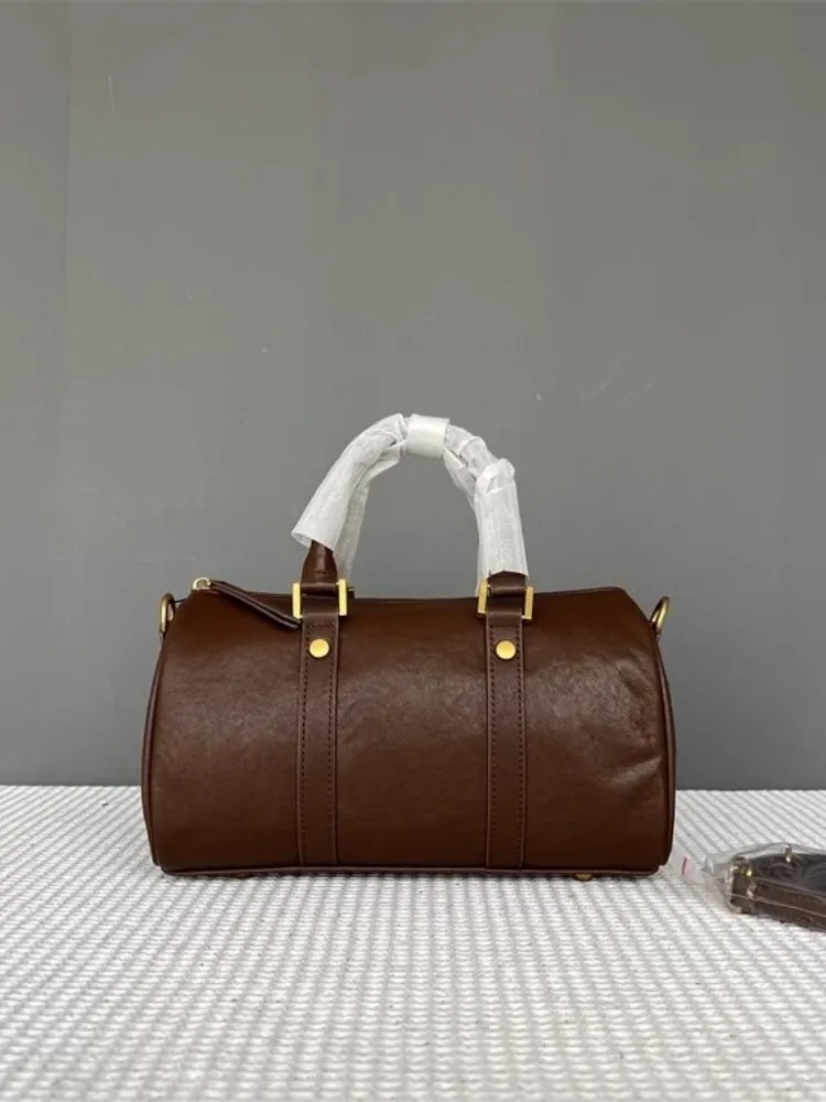 Retro Women Cowskin Genuine Leather Bag Fashion Tote Handbag Solid Color Boston Bag Office Ladies Single Shoulder Crossbody Bags