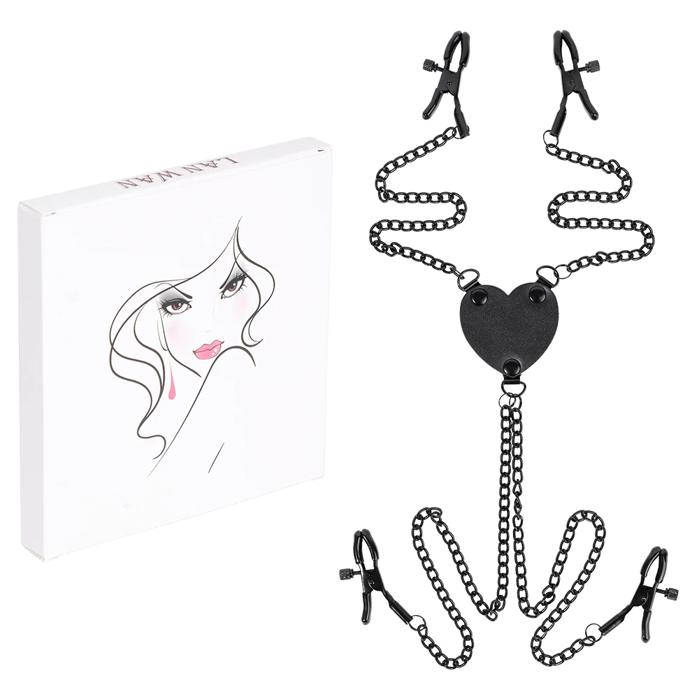 Metal Nipple Clamp with Chains Hearted-Shape Black Nipple Clips Adjustable Breast Clip Adult Sex Toys for Women and Couples