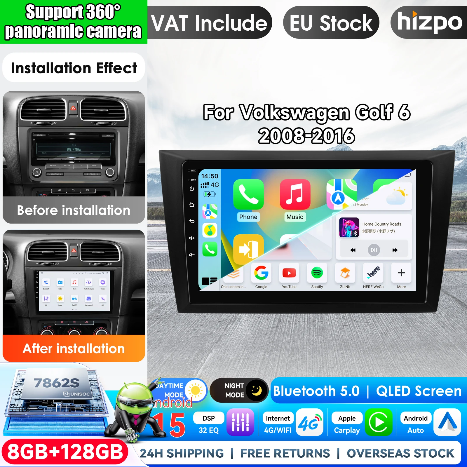 Image of Hizpo 9-Zoll Kabelloses CarPlay Android Auto Autoradio für Volkswagen VW Golf 6 MK6 GTI 2008-2016 Multimedia Kabelloses Apple CarPlay Intelligente Systeme IPS Touchscreen Stereo-Videoplayer 2 Din
