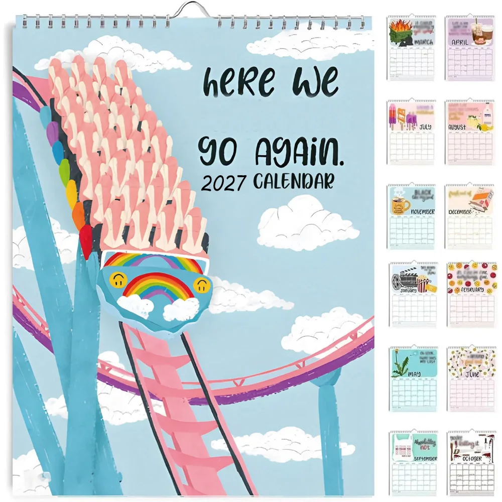 2027 Funny Wall Calendar 12 Month Roller Coaster Theme Planner for Home Office, Family Wall Calendar with Note Blocks Colorful