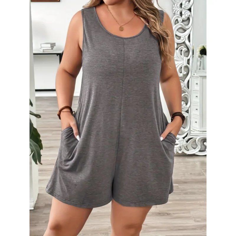 

Трансграничный новый женский однотонный комбинезон без рукавов в европейском и американском стиле больших размеров, повседневная одежда, трансграничная