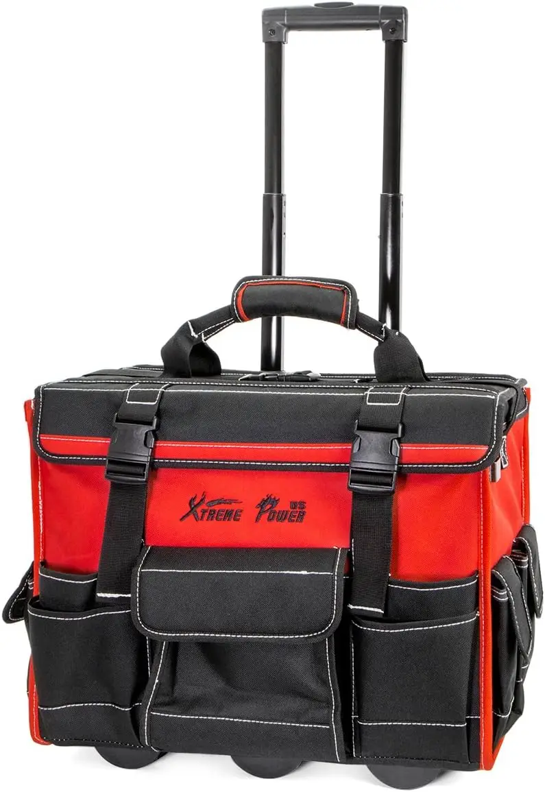 

18" Rolling Tool Bag with Adjustable Telescoping Handle, Wide Storage Compartments and Wheels for Easy Transport