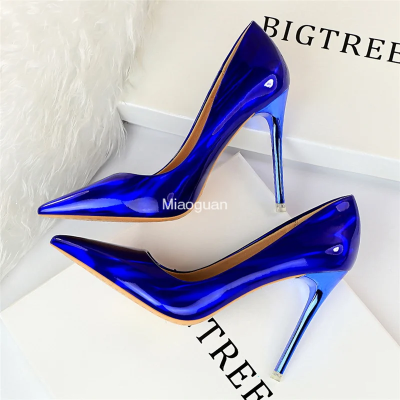 2023 Women\'s 10.5cm High Heels Blue Green Pumps Luxury Banquet Glossy Stripper Stiletto Wedding Bridal Fetish Shoes Plus Size 43