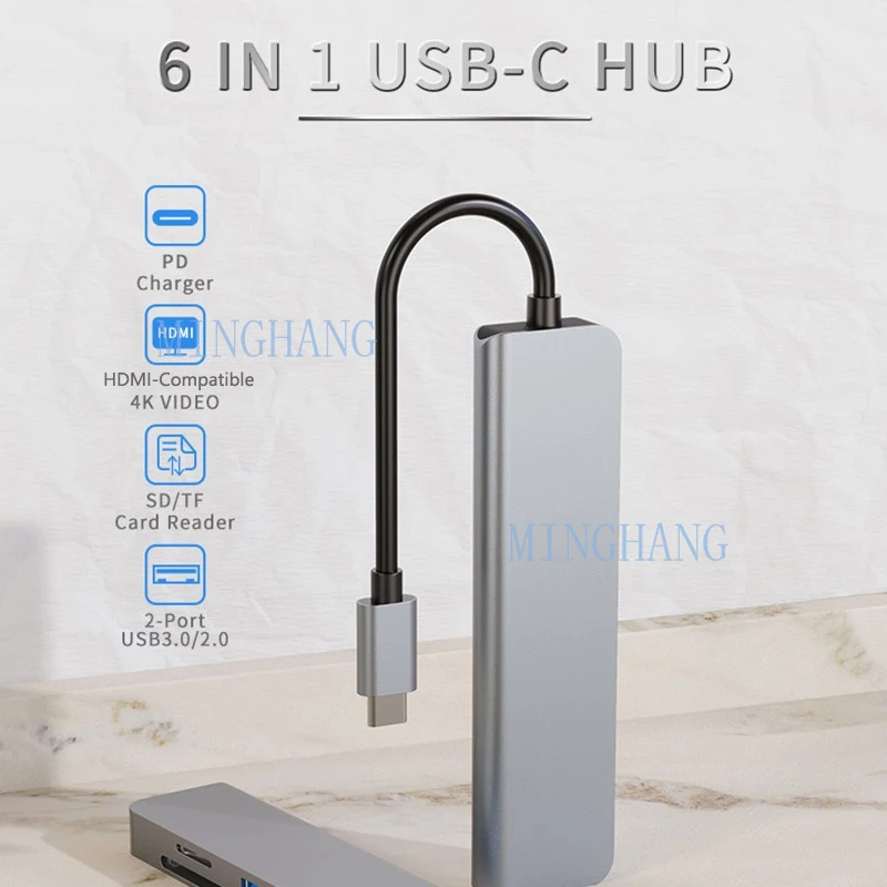M  Multifunction 6 in 1 Type C Hub to 4K HDMI-Compatibl  USB 3.0 SD TF Card Reader