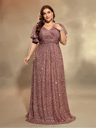 Plus Size V Neck Short Sleeve Sequin Pink Floor-length Evening Dress 4XL 5XL Big Size Shiny Multicolor Banquet Evening Dress