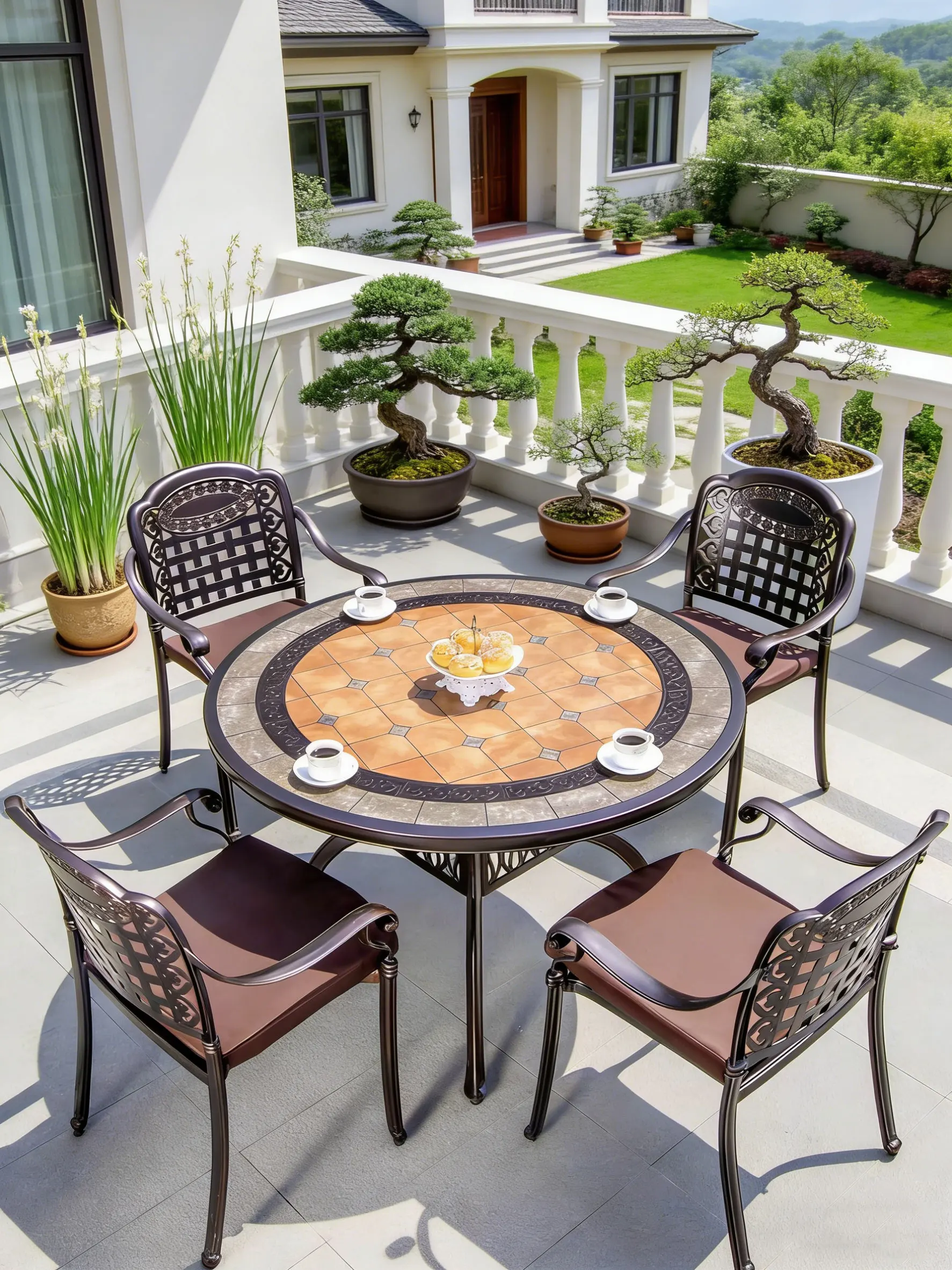 & Outdoor Tile Top Cast Aluminum Dining Set European Wrought Iron Patio Table Chairs Waterproof  Leisure Furniture for Garden