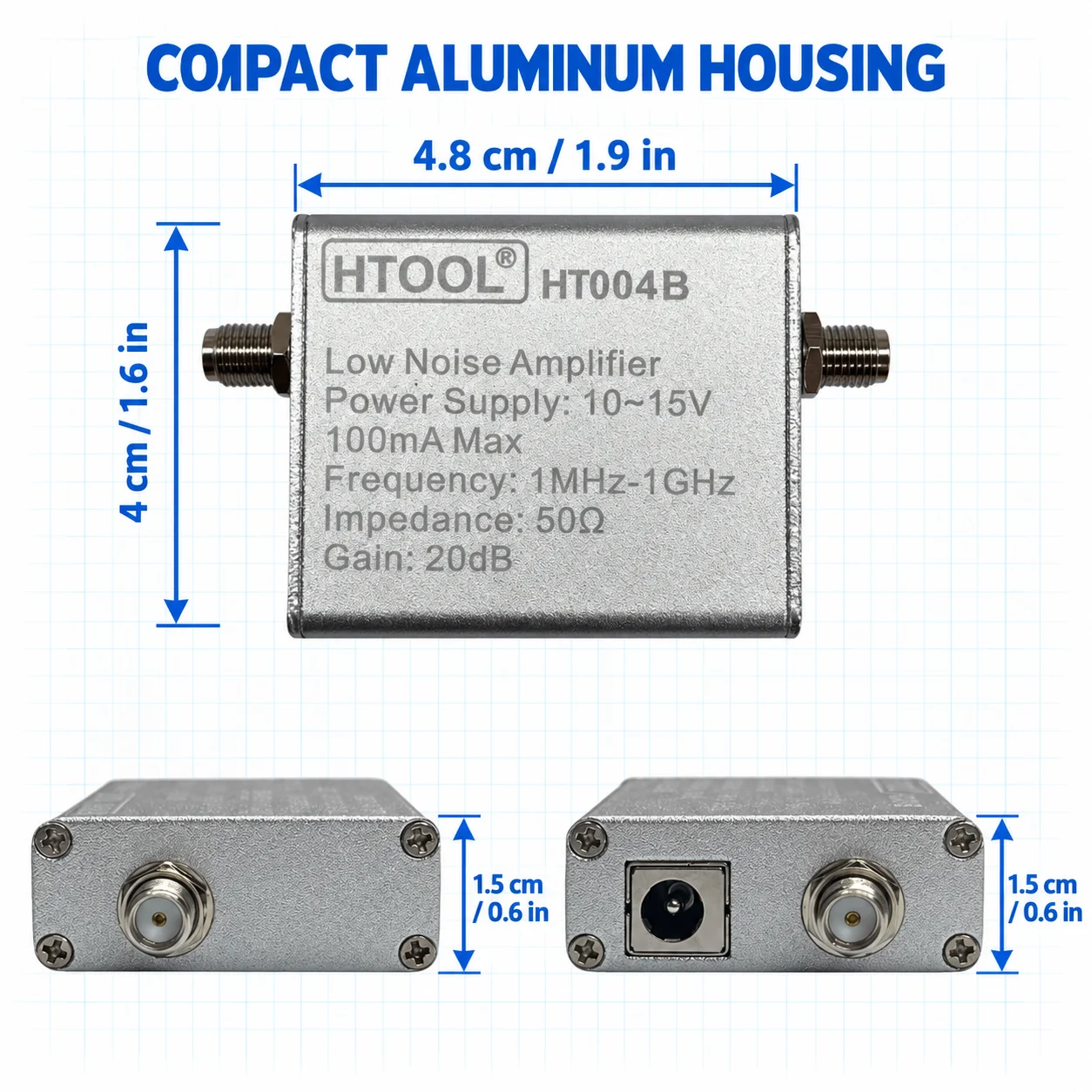 HTOOL HT004B Low Noise RF Amplifier, 1 MHz to 1 GHz, 20 dB Gain, 50 Ohm Wideband Signal Booster with 12 V Power Adapter