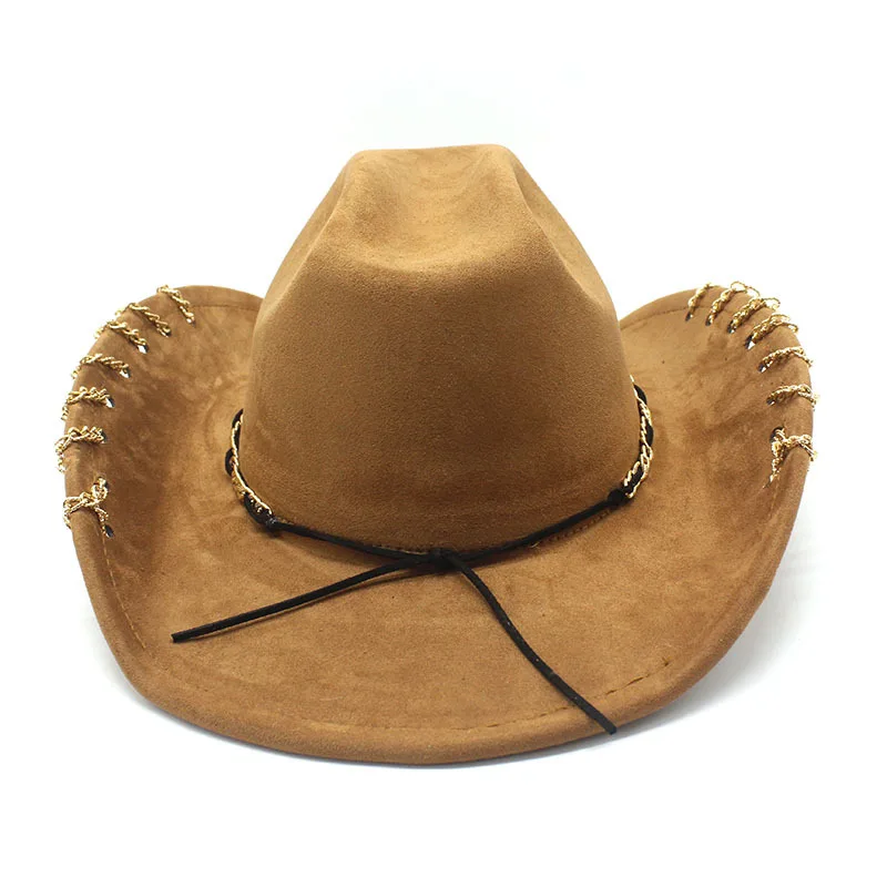 Trendiger Western-Cowboyhut für Männer und Frauen mit Metallkette, breiter Krempe, Wildleder-Visier, modische Jazz-Kappe – Detail 6