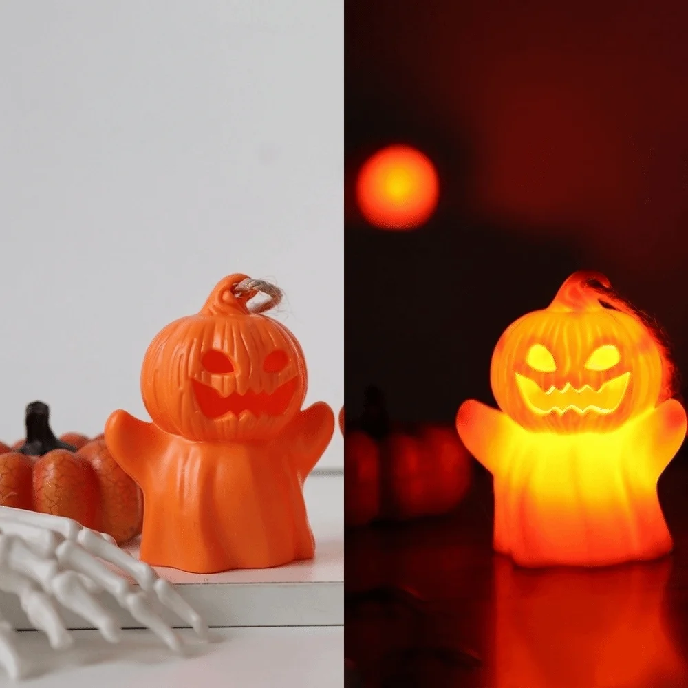 Skeleton Pumpkin Nightlight LED Glowing Button Cell Battery Operated Spooky Tabletop Lamp Resin Craft Warm Light