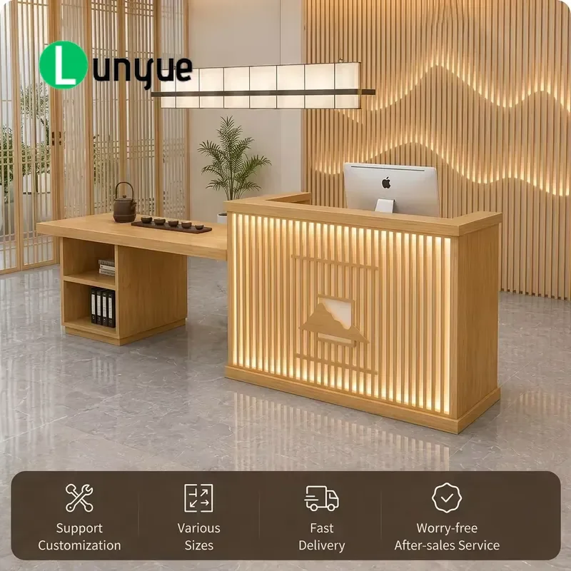 Modern Wooden Reception Desk with LED Light Strip Customizable Size Office Front Desk Counter with Storage Shelves for