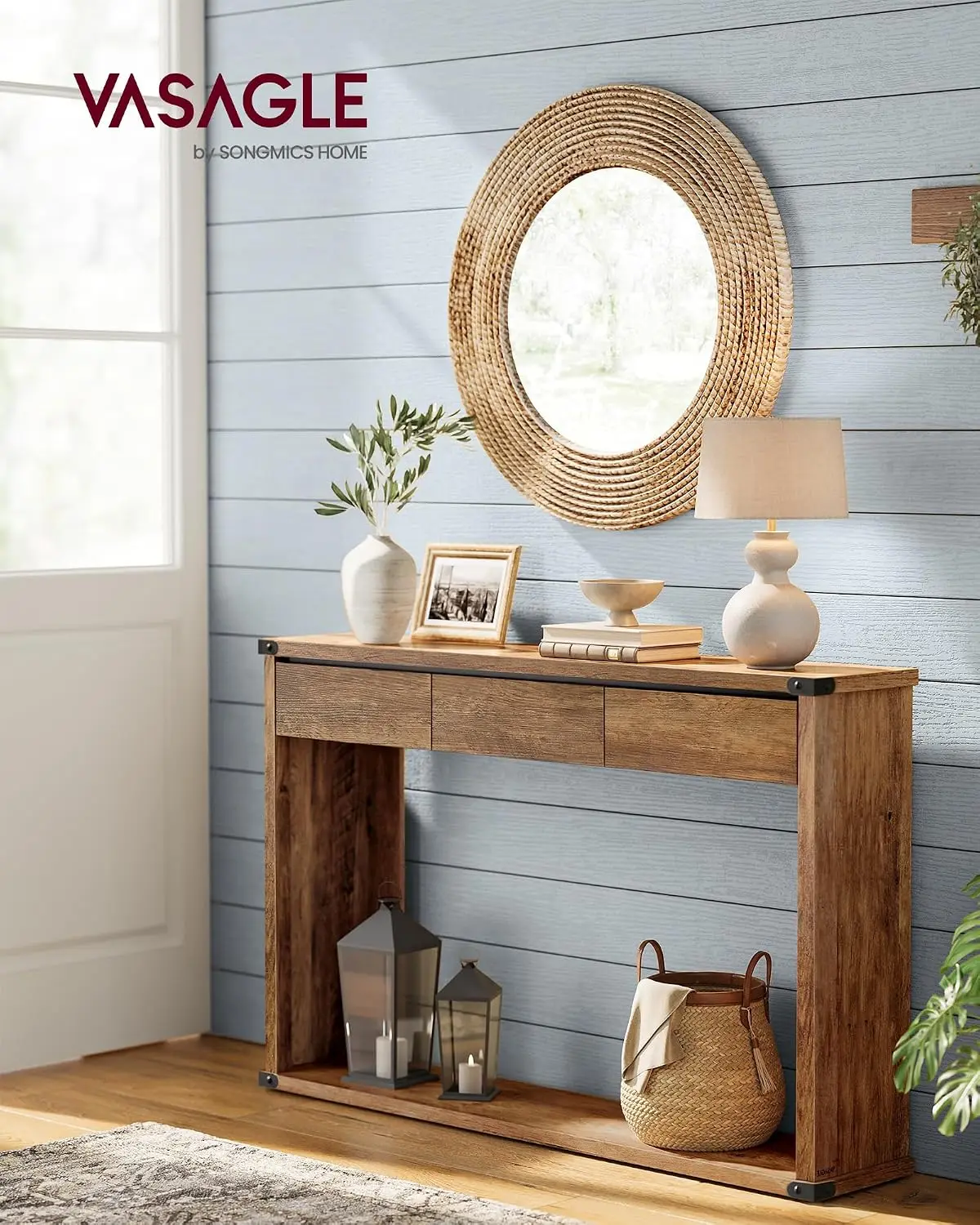 VASAGLE LIRY Collection - Sofa Console Table, 47.2 Inches Narrow Entryway Table with 3 Drawers, Bottom Shelf, Metal Corners, for