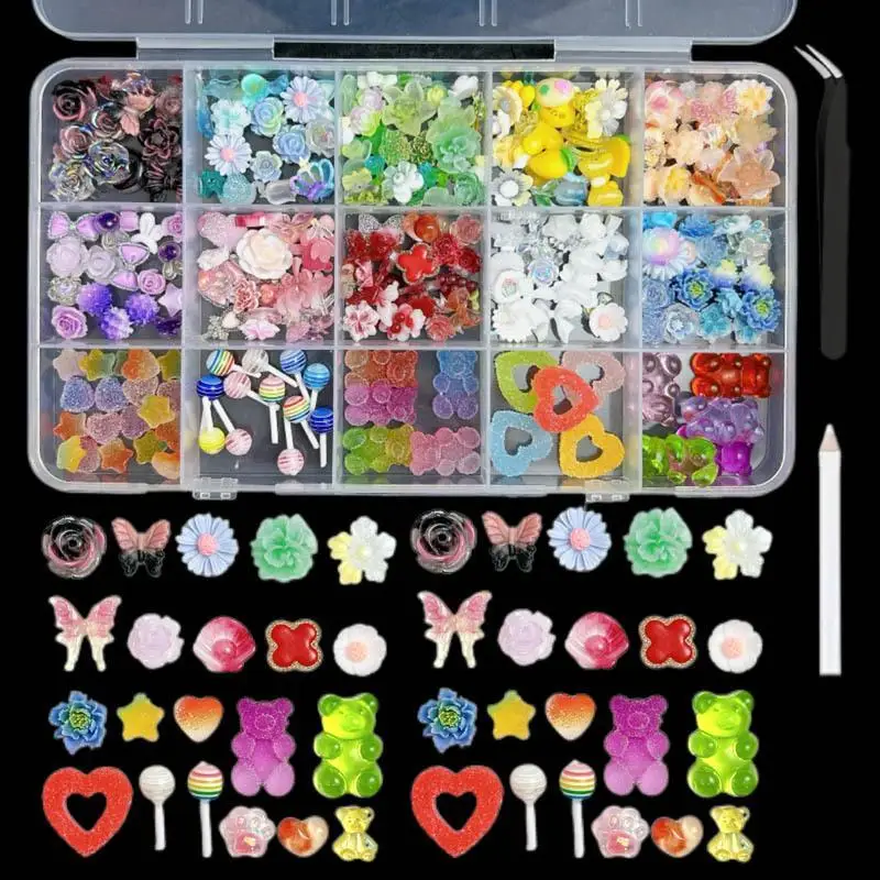 

1Box Random Mixed Color Flowers Butterfly Nail Art Decorations Simulated Frosted Gummy Bear Lollipop Nail Charms for DIY Nails