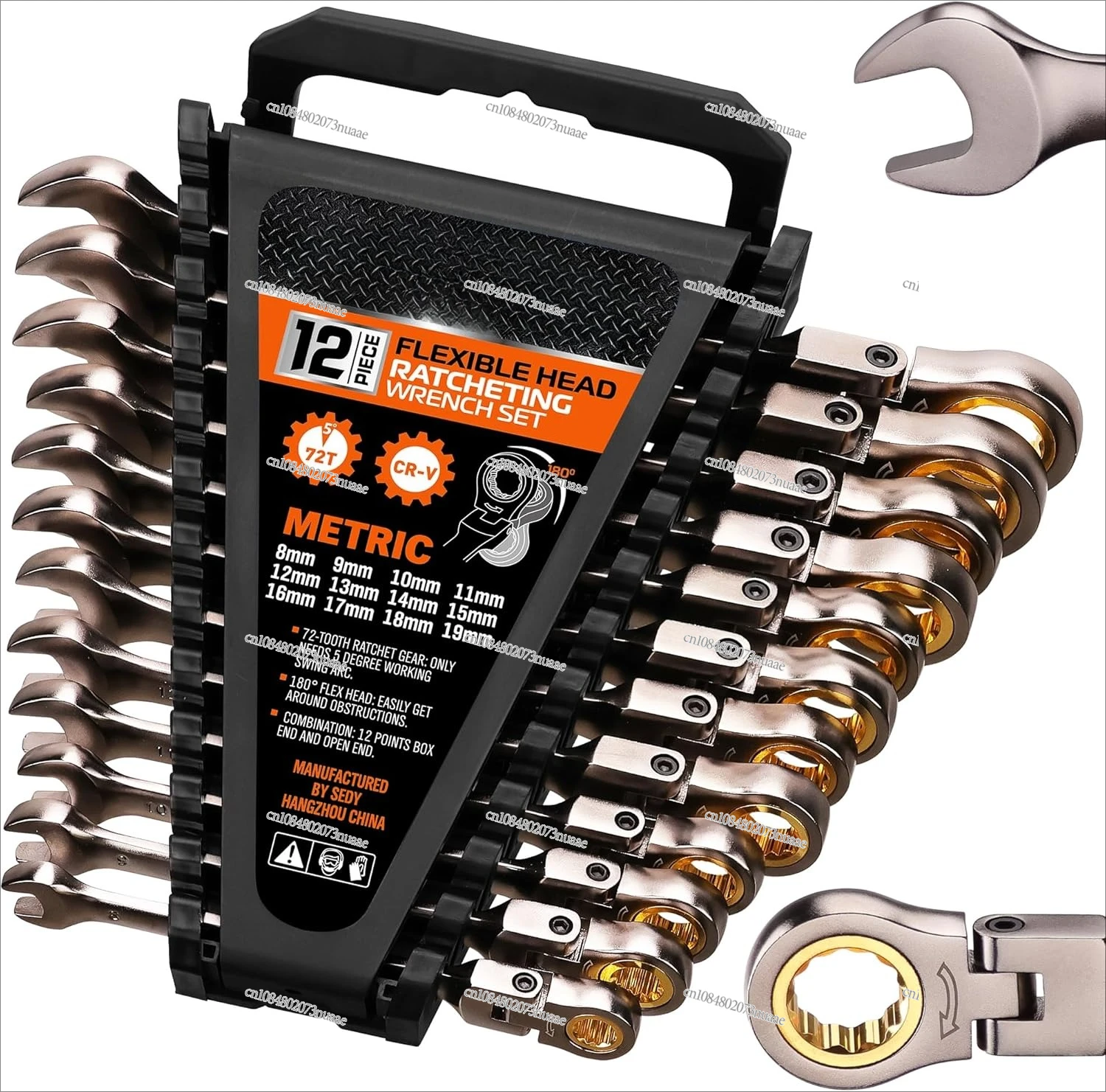 

12-Piece Metric Flex-Head Ratcheting Wrench Set with Organizer | 8-19 Mm Ratchet Combination Wrenches Set | 72-Teeth |Hot Sale