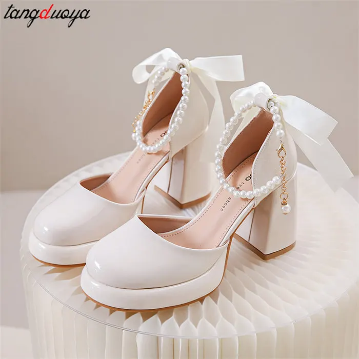 French High Heels Women\'s Chunky Heel Mary Jane Single Shoes new luxury pearl wedding party Pumps Ladies Elegant Beige Sandals