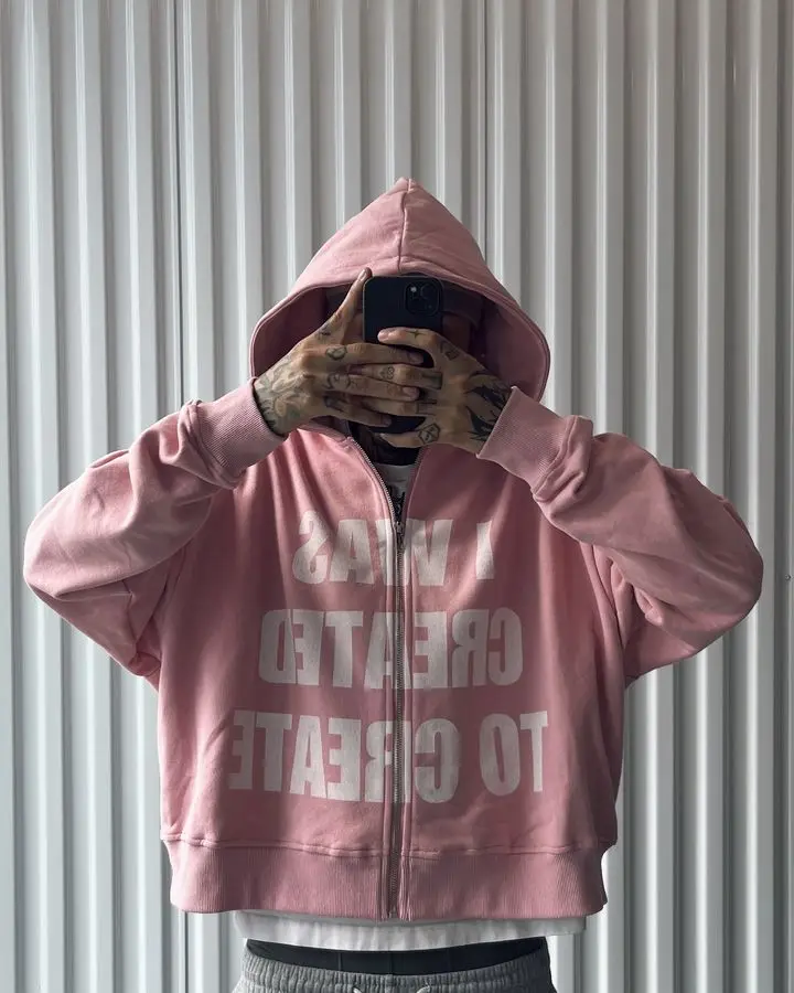 Y2k Clothes Fashion Punk Letter Print Zip Up Hoodie Men and Women Long Sleeve Pullover Pink Sweatshirt Hoodies Streetwear Tops