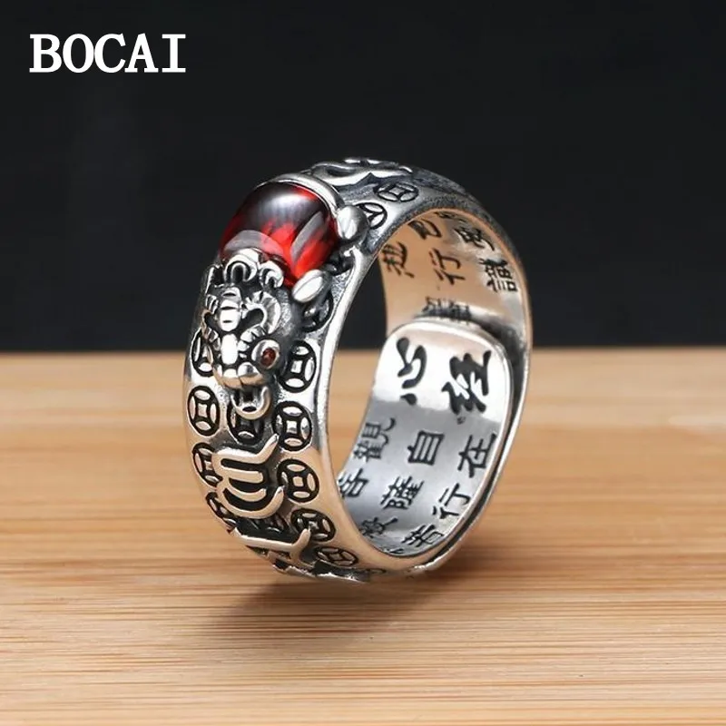 BOCAI 2023  NEW  S925 Sterling Silver Retro Fashion Art Jacinth PiXiuToad Heart Sutra Open Ring Men and Women