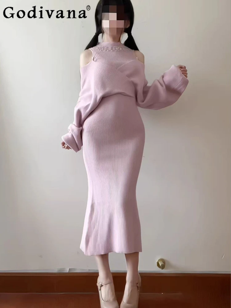 

Original Sweet Pink Knit Dress Spring and Autumn New 2025 Girls Japanese Mass-Produced Mine Off-Shoulder Long Sleeve Long Dress