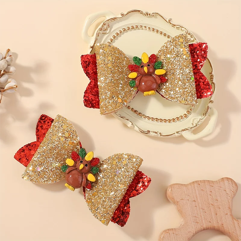 2 Stück Thanksgiving Day Türkei Schleife Haarnadel für Baby Mädchen Glitzer Schleife Haarspangen Urlaub Party Kinder Kopfbedeckung Haarschmuck