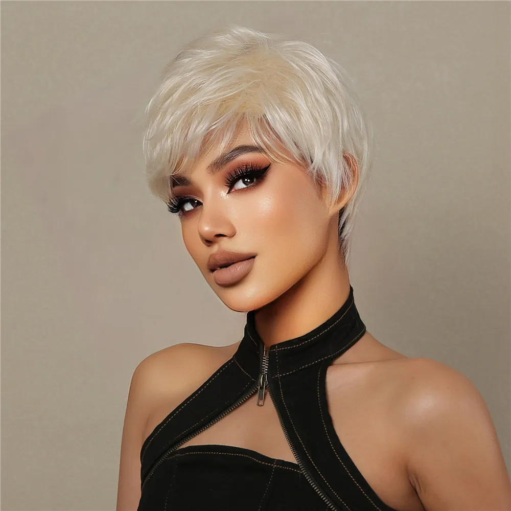 White Platinum Blend Human Hair Wigs for Women Short Pixie Cut Wig With Bangs Daily Natural Bob Human Hair Mixed Synthetic Fiber