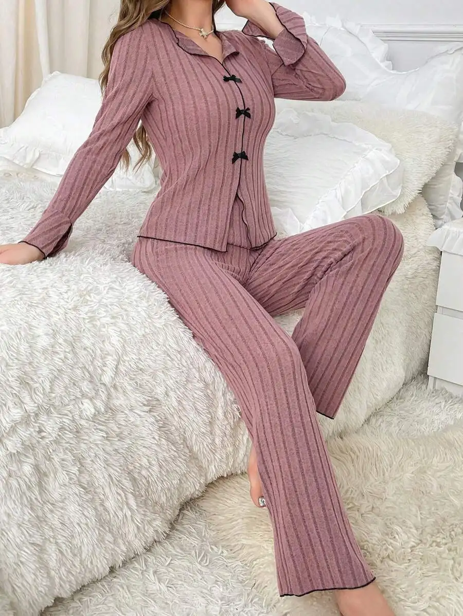 Pajama Home Set Women Autumn 2024 New Simple and Fashionable Lapel Casual Bow Long Sleeved Long Pants Two Piece Suit Streetwear