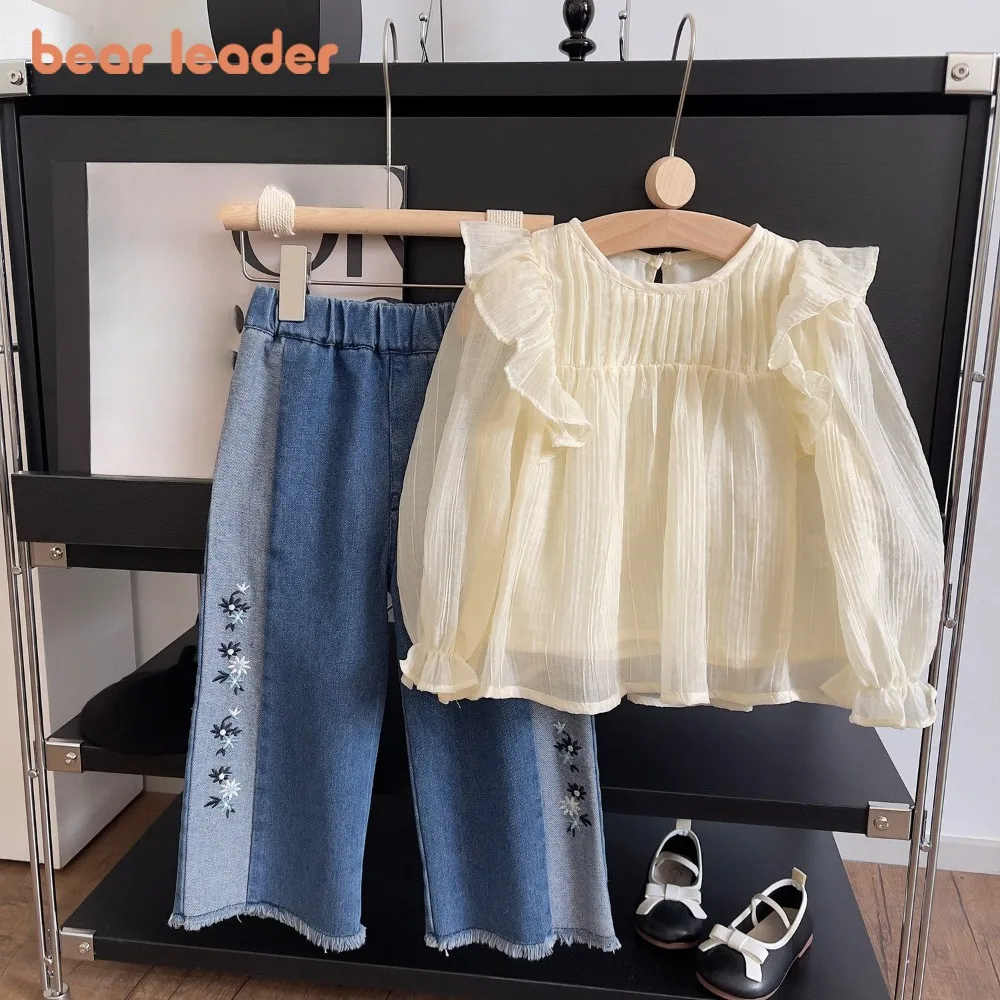 

Bear Leader Girls' Clothing Spring and Autumn 2025 New Solid Color Long Sleeved Doll Shirt Top + Denim Pants Two-piece Set