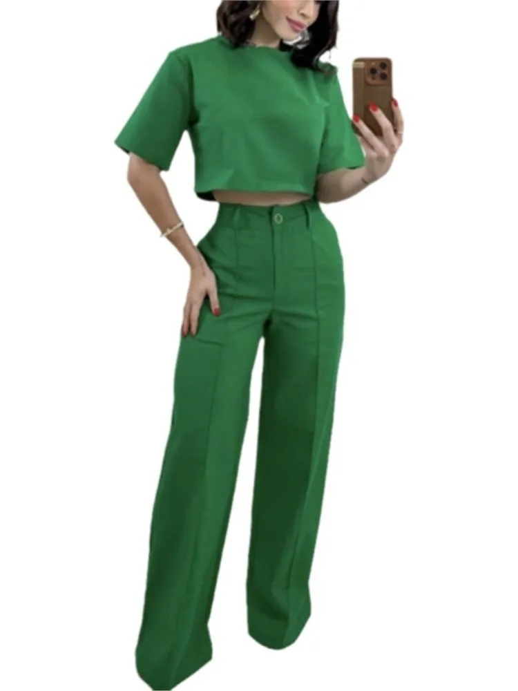 Casual New In Matching Two Piece Sets Women Summer 2024 Fashion Short Sleeve T-shirt Crop Tops High Waist Wide Leg Pant Sets