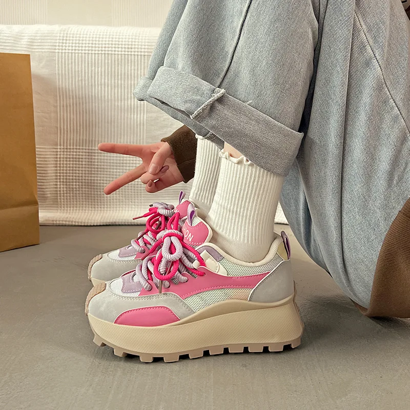 Korean Ins Chunky Sneakers Autumn Student Anti-slip Thick Sole Height-increasing Shoes Casual All Match Rainbow Colors Sneakers