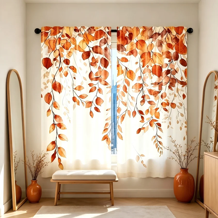 2PCS Digital Print Curtain, Hanging Autumn Orange Leaves Watercolor Pattern, Fall Rustic Style for Living Room Bedroom Decor