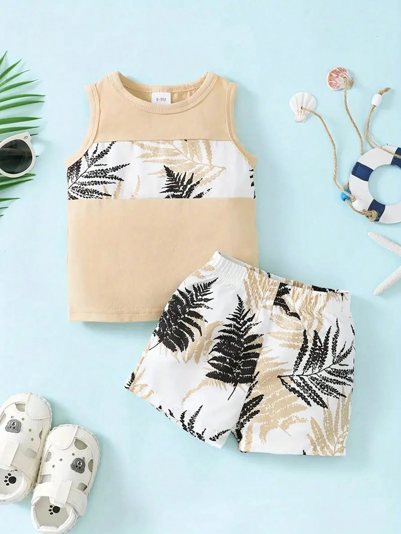 Spring Summer Cute Baby Boy Tank Top (with Pocket) & Tropical Leaf Print Shorts 2-Piece Set (Green/Khaki) 0-6 Years: Soft Fabri