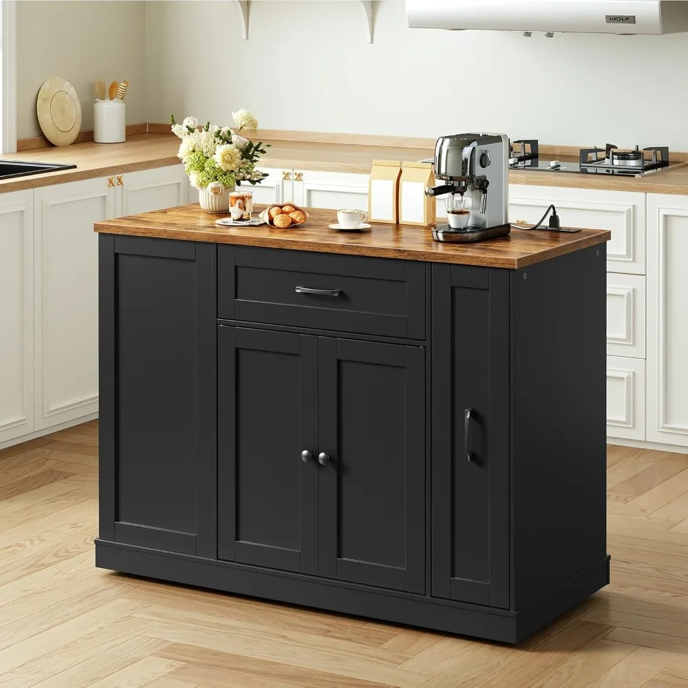Rolling Kitchen Island with Trash Can Storage & Power Outlet, Kitchen Island Cart with Spice Rack & Drawer, Mobile Island