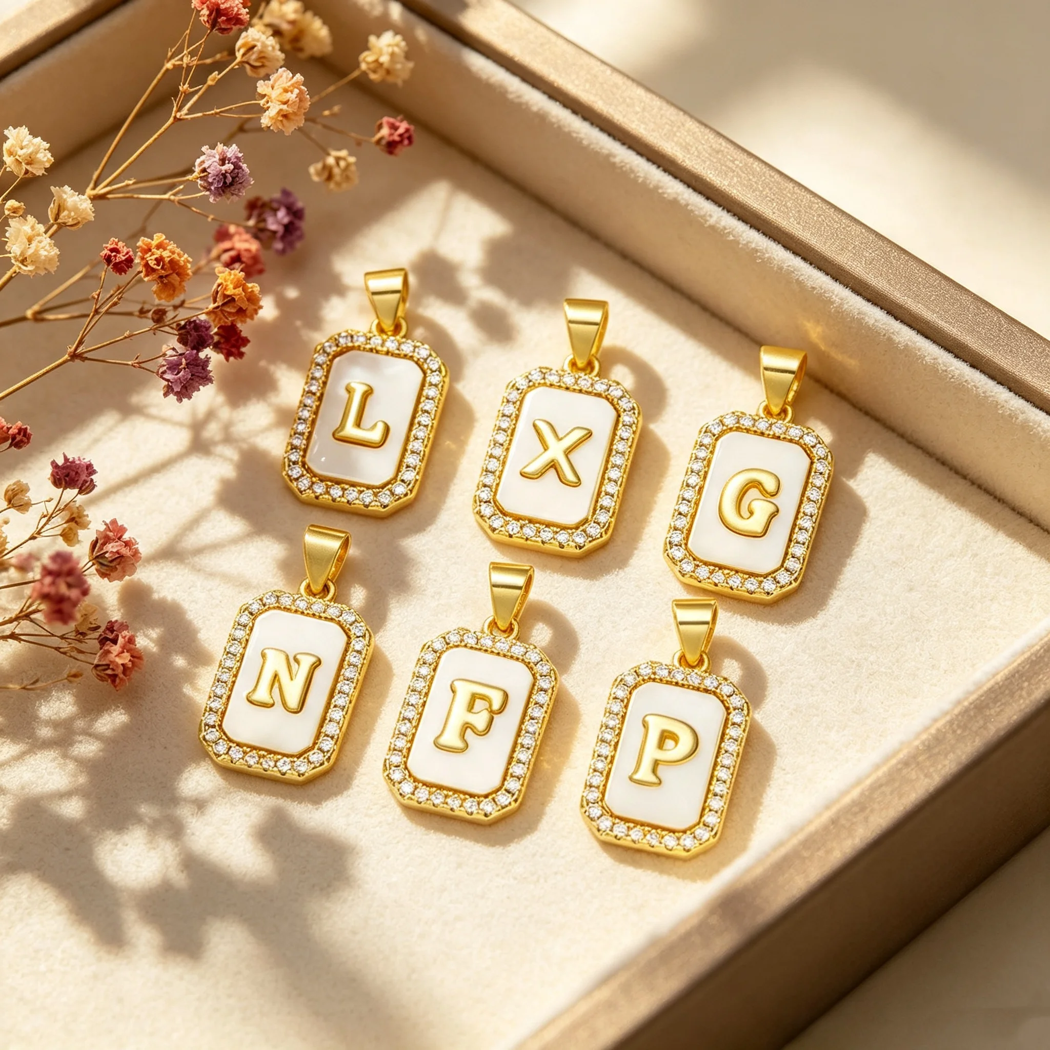 5pcs New 26 Letters Necklace Jewelry Women Custom Name Alphabets Shell Pearl Inlaid Zircon A~Z Initials Square Pendant